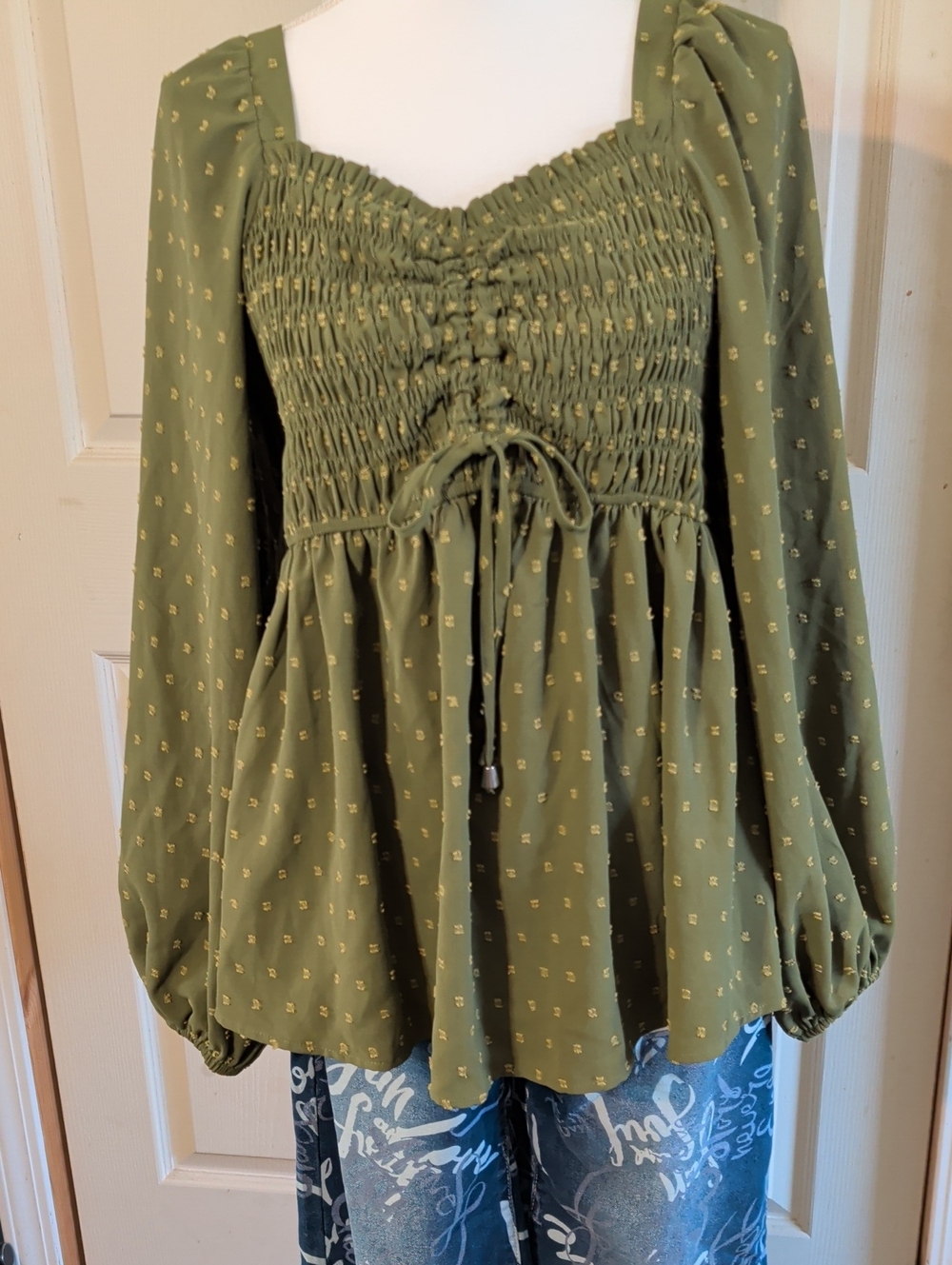Olive Green Smocked Peplum Tunic Top